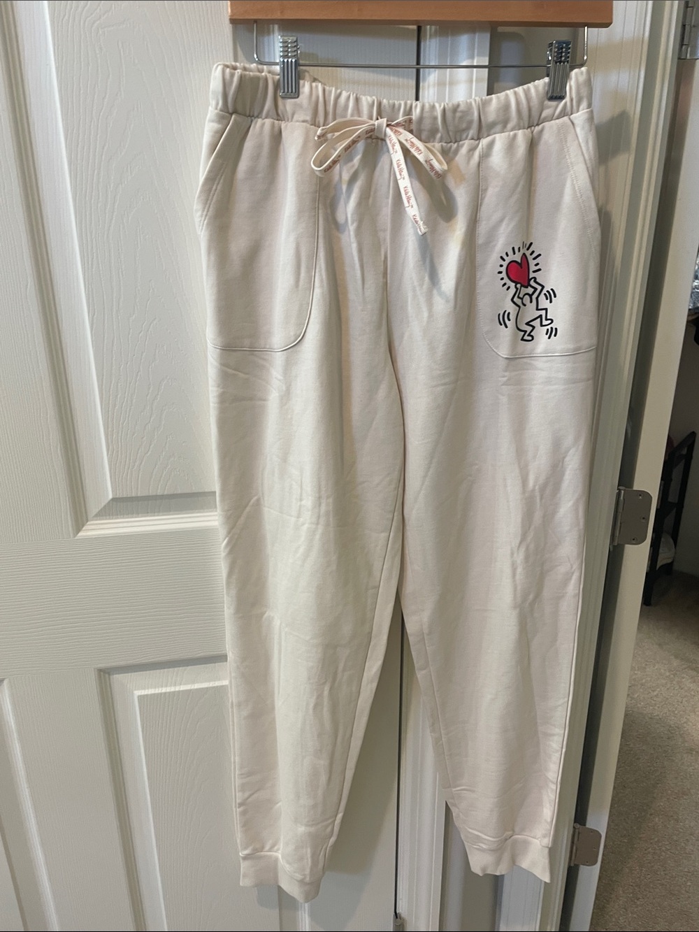 Keith haring Cream Drawstring Joggers with Heart Graphic